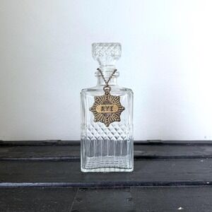 Whiskey Glass Decanter | Rye, Bourbon, Metal Badge Charm | Retro Barware Decor